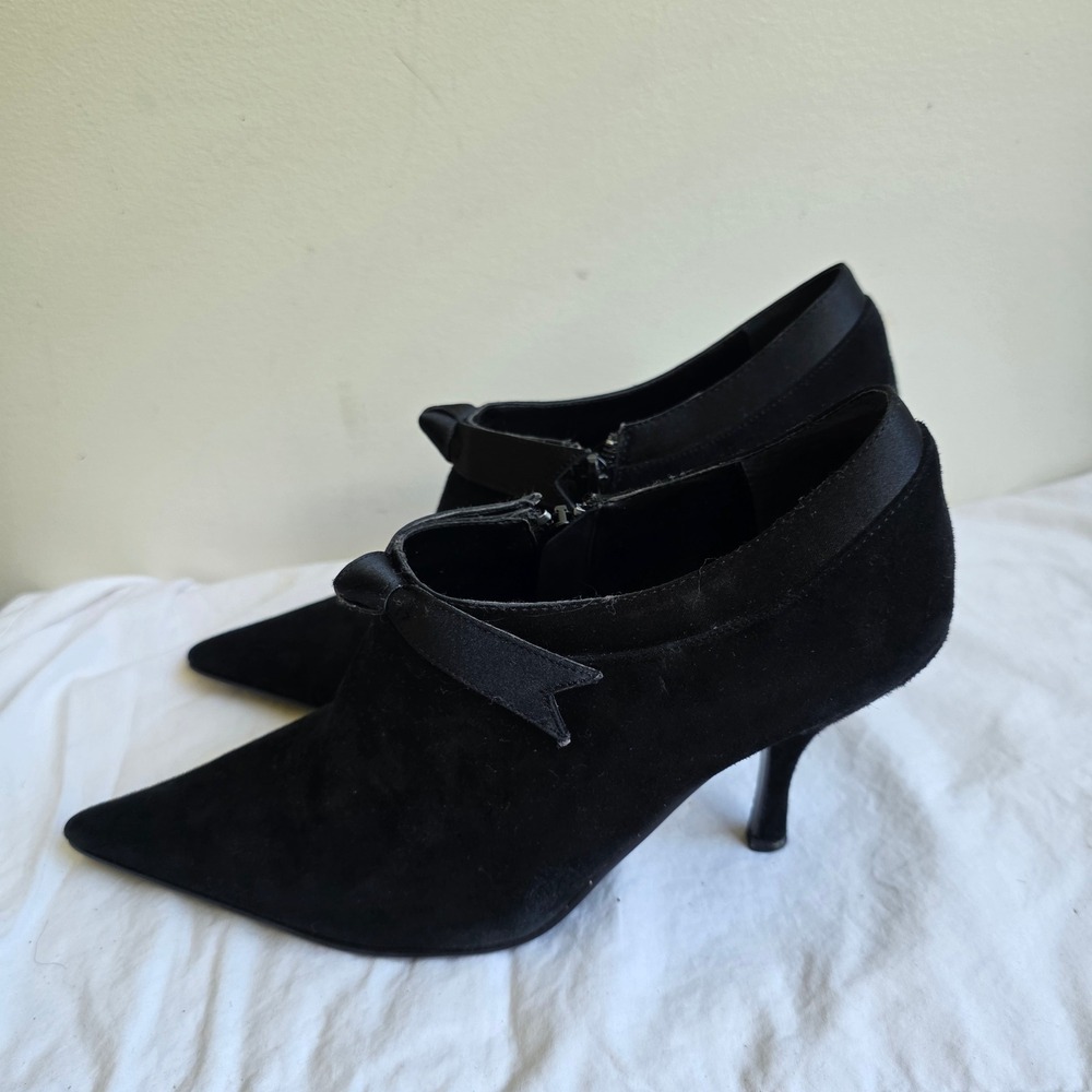 Nina Black Suede Pointed‎ Toe Ankle Booties Satin Bow Shooties Stiletto Heel 7M